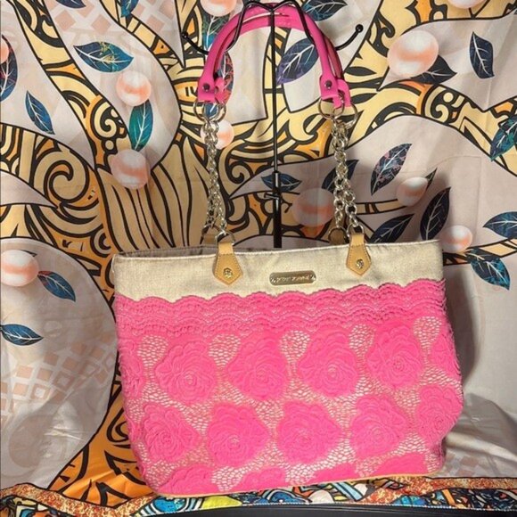 Betsey Johnson Pink Lace Over Canvas Floral Tote - Picture 1 of 16